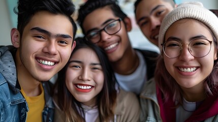 Obraz premium Diverse group of happy university students bonding and enjoying time together on campus
