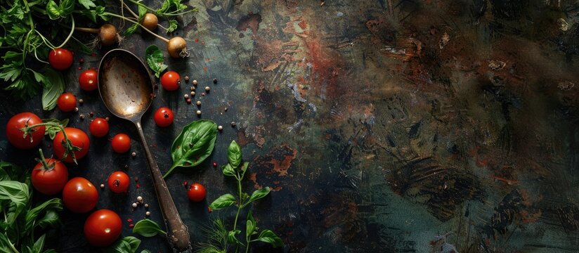Cooking with a Vintage Spoon and Fresh Vegetables on a Dark Metal Background