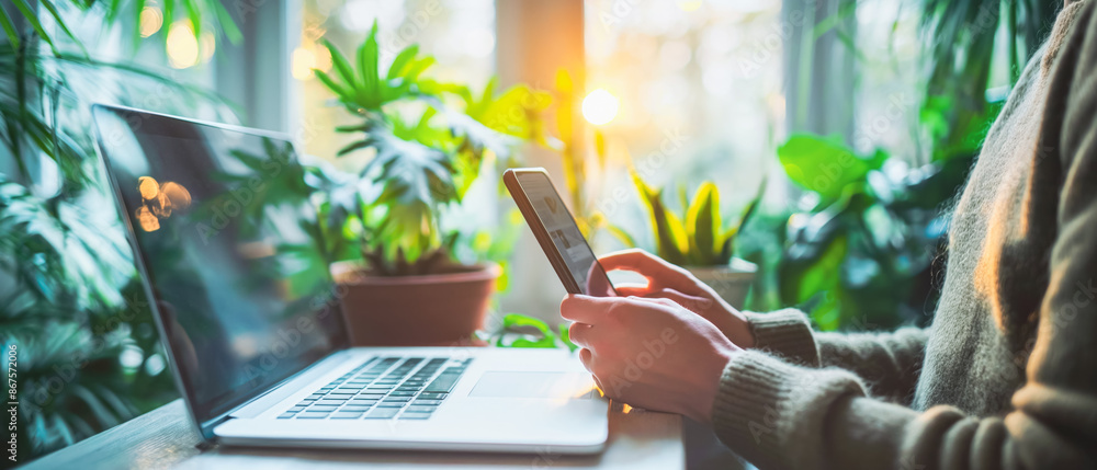 Poster a person using a smartphone with a laptop beside, set against a plant-filled background illuminated 