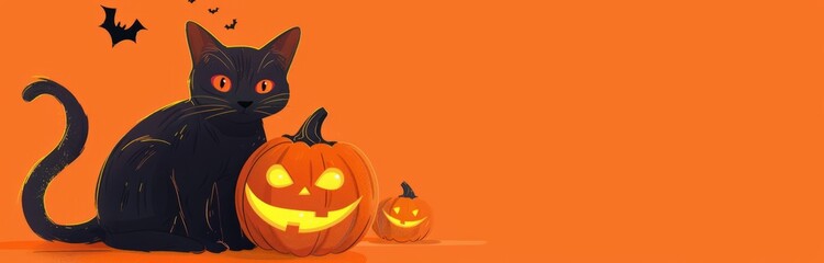 Fototapeta premium black cat with bright orange eyes sitting next to a carved pumpkin with a glowing face. orange background with space for text, Halloween themed banner. 