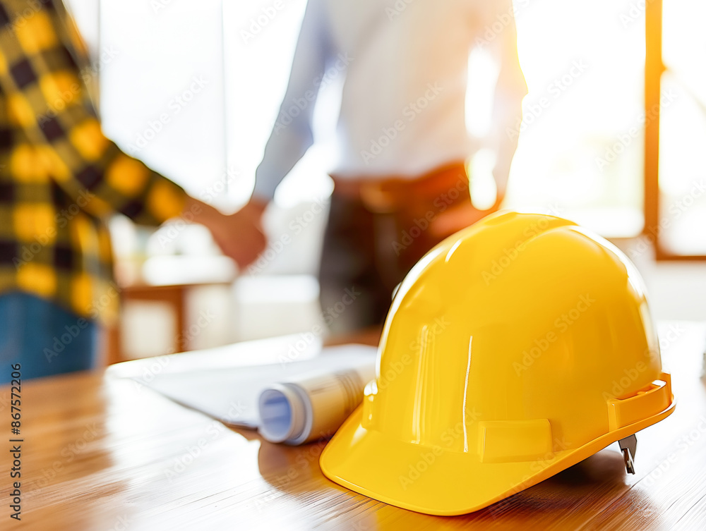 Poster a handshake over a work desk in the foreground with a yellow hard hat and blueprints, concept of con
