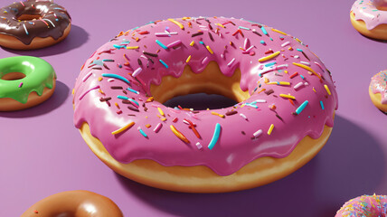 Donut in chocolate glaze on white background. Donut in pink glaze in candy 