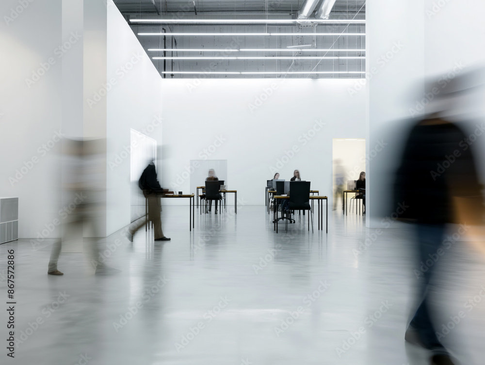 Poster people in motion in a modern office environment with a white and gray color palette, concept of busy