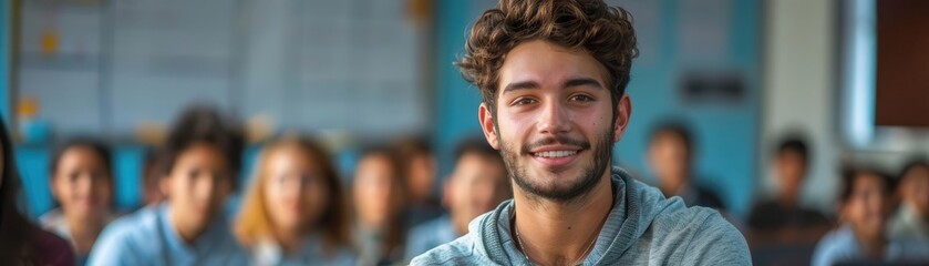 Fototapeta premium Smiling young man with beard looking at the camera in a classroom.