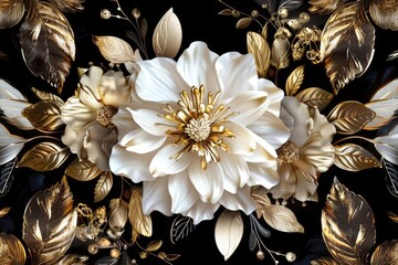 Elegant White Flower with Gold Accents, Surrounded by Decorative Leaves and Gold Filigree