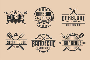 Obraz premium Barbecue restaurant vintage logo emblem stamp sticker badge concept Grill and Bar with fire BBQ logo templates Vector illustration