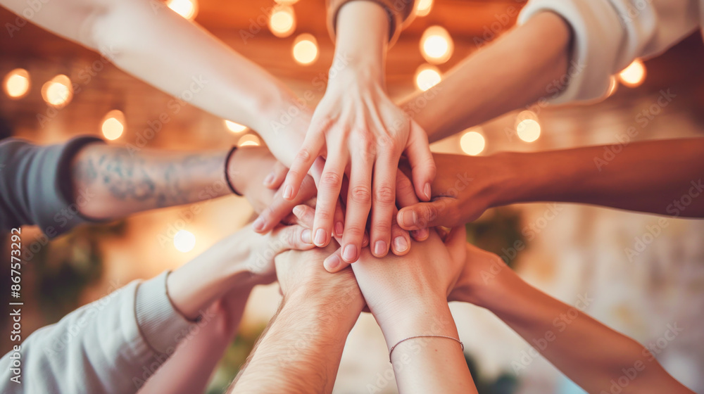 Aufkleber a group of people stacking hands together in unity, warm light and bokeh effect in the background, c