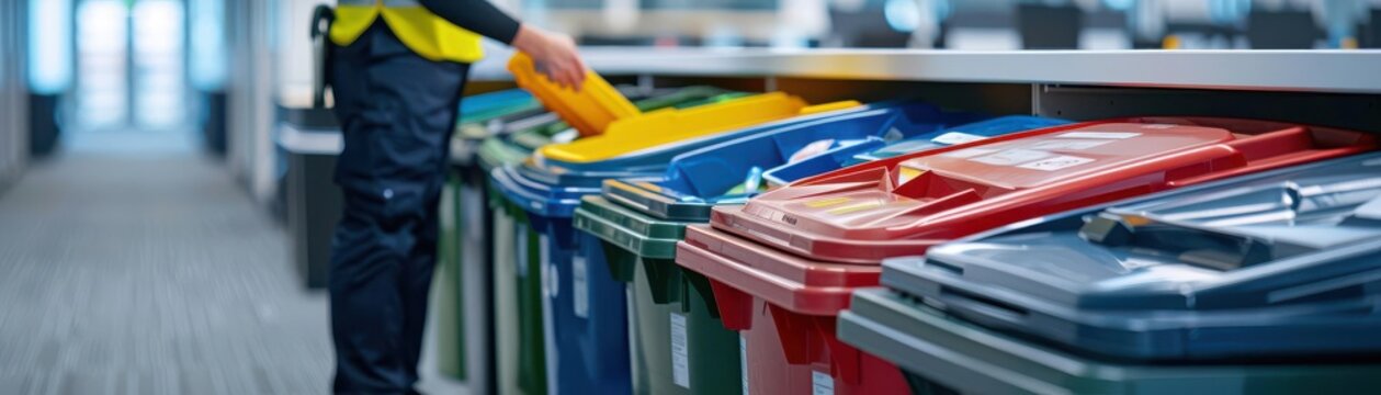 A worker sorts colorful fabric scraps in a warehouse.
