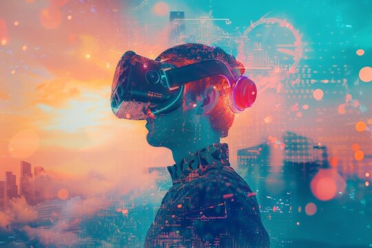 Futuristic VR Gaming Experience: Immersive Cityscape with Digital Overlay