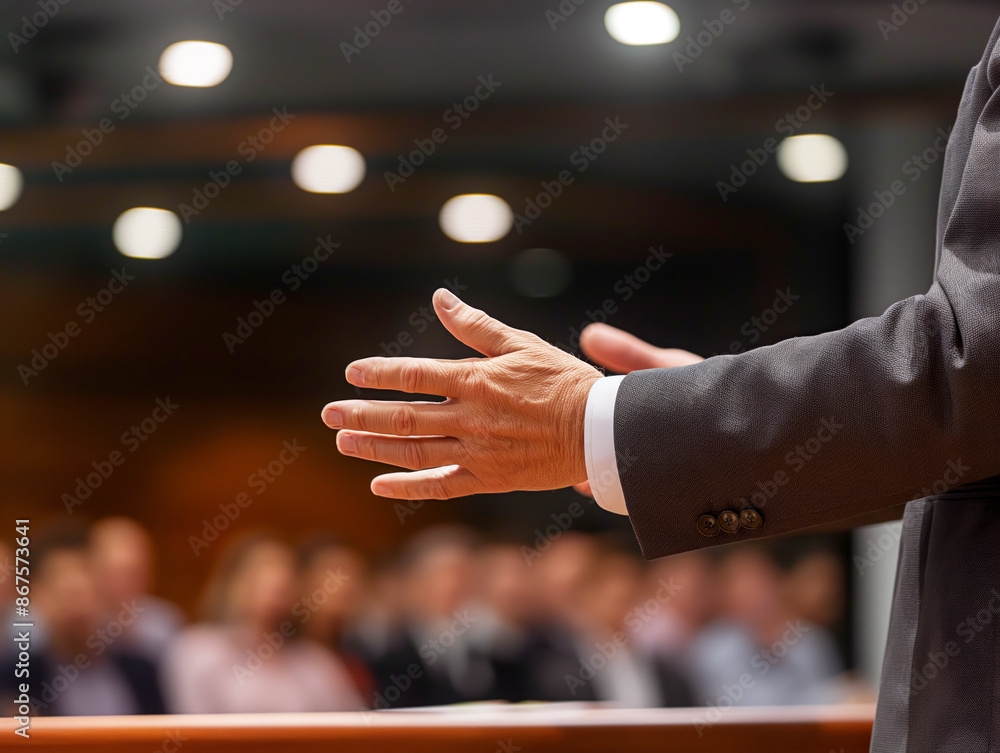 Poster close-up of hands gesturing during a speech against a blurred audience, in a conference hall, concep