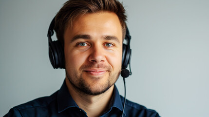 A male professional with a headset against a light grey background, concept of customer service. Generative AI