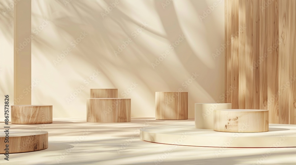 Poster Conceptual design with various heights wooden podiums on beige backdrop for product displays