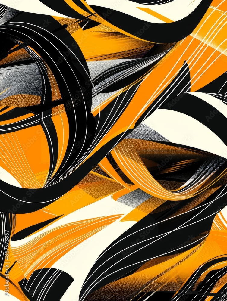 Wall mural abstract art with black, white and orange colours.