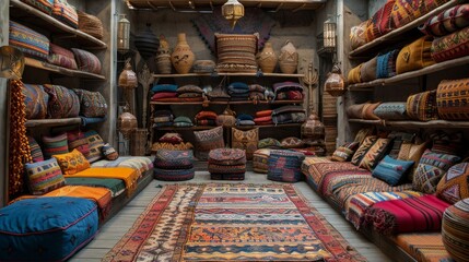 Obraz premium An Enchanting Array of Cushions and Pillows in a Traditional Middle Eastern Market. Generative AI