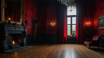 Grand hall of gothic mansion, room for vampire lit by warm fire and flickering candlelight. Halloween theme