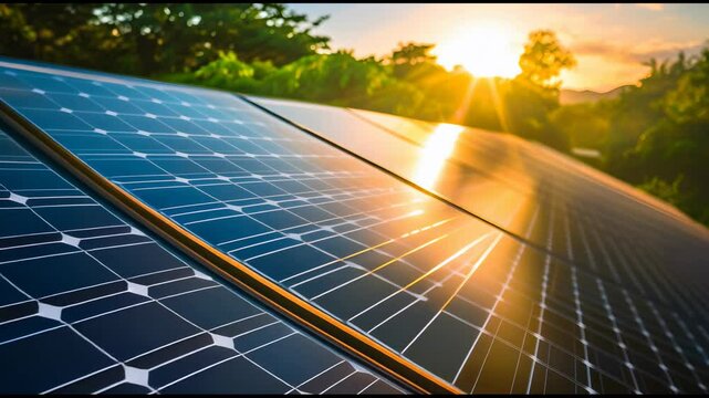 Close up of solar panels on roof, close up view of photovoltaic installation and sunlight in the morning, green landscape background