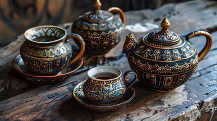 Elegant Traditional Thai Tea Set with Intricate Patterns on Rustic Table