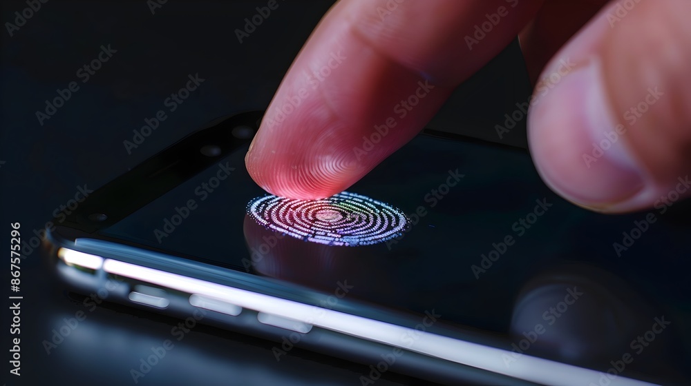 Aufkleber finger pressing on fingerprint scanner of smartphone for authentication