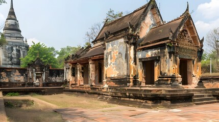 Obraz premium Faded Murals and Old Architecture of a Historic Thai Temple