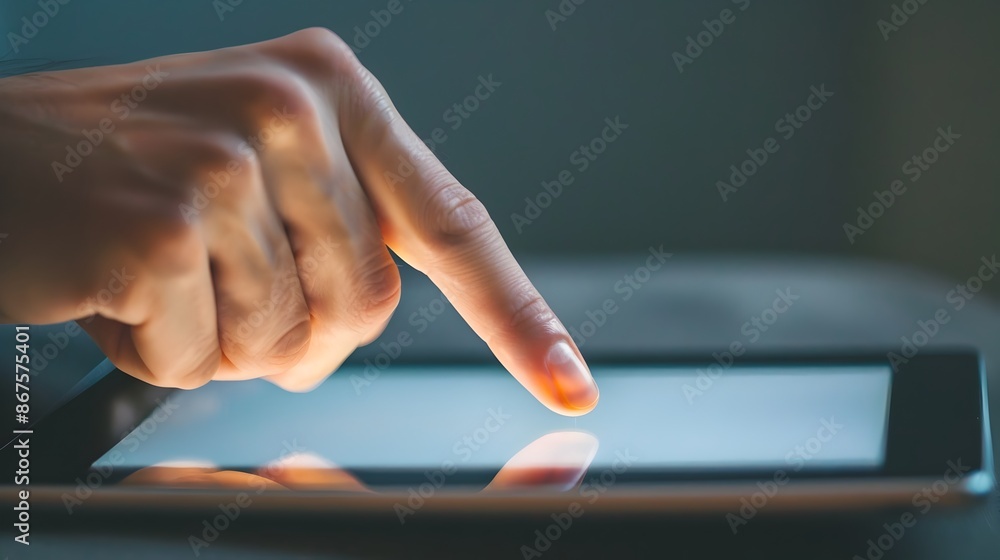 Poster finger tapping on touchscreen tablet for digital interaction