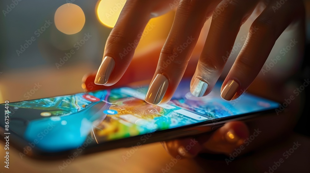 Poster fingers scrolling and interacting on smartphone screen for digital content