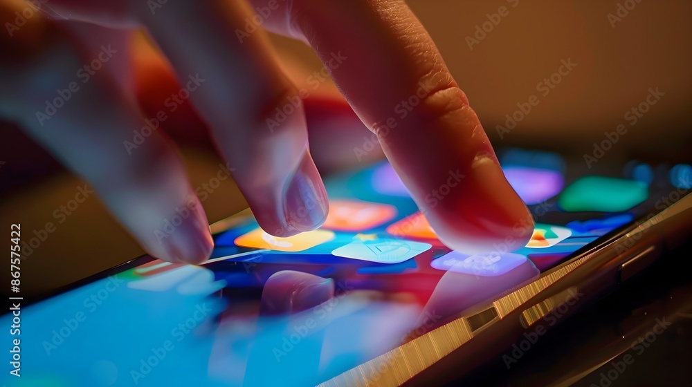 Poster Fingers Scrolling on Smartphone Screen Displaying Digital Content