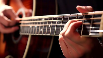 Obraz premium Fingers Delicately Plucking Acoustic Guitar String for Musical Performance