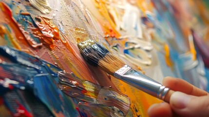 Fototapeta premium Fingers Skillfully Applying Vibrant Paint Strokes with Paintbrush on Canvas