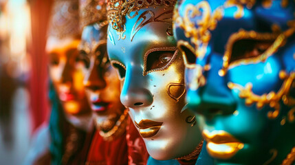Fototapeta premium Close-up view of actors wearing beautiful masks and performing a play.