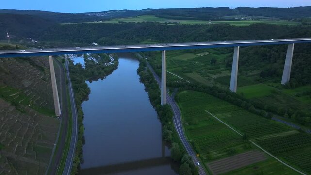 Moselle Valley Bridge in Rhineland-Palatinate, Germany, Europe. Impressive High Construction at Evening, Aerial View. 