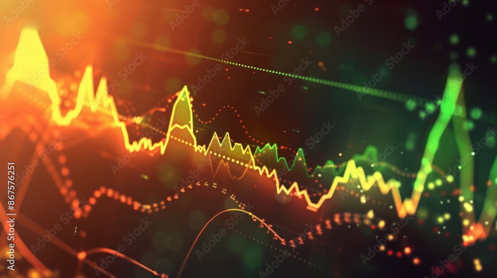 Poster vibrant digital graphics with colorful lines and dots, abstract background with glowing effects