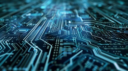 High-Tech Circuit Board with Glowing Lines and Blue Lighting