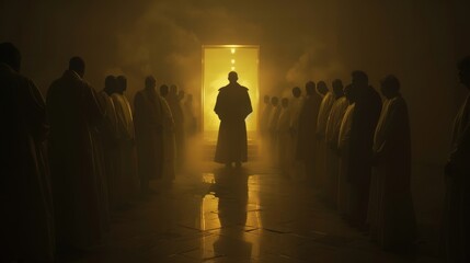 Silhouette of a group of elderly people bowing in submission to a tyrant in a modern uniform