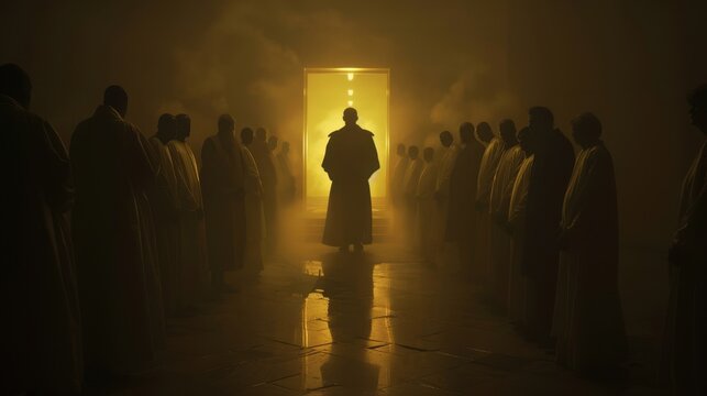 Silhouette of a group of elderly people bowing in submission to a tyrant in a modern uniform