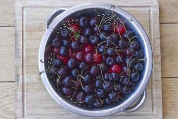 Washed cherries in a metal dish.