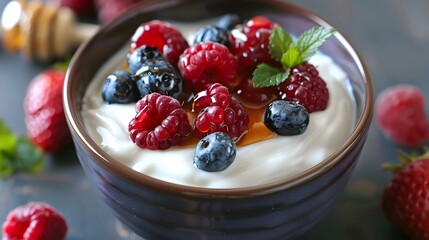 Freshly Prepared Yogurt Bowl with Assorted Berries and Drizzle of Honey