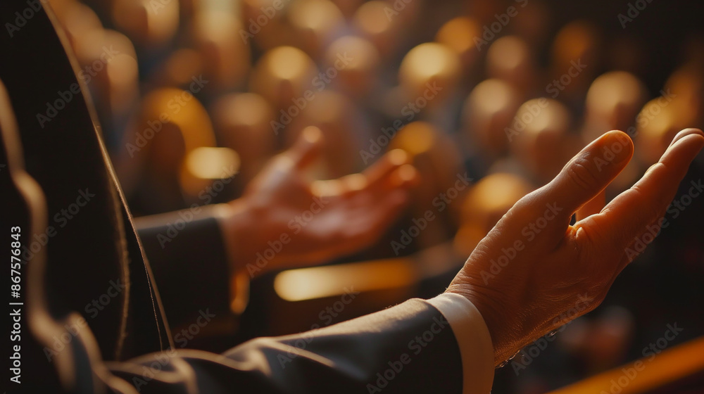 Poster close-up of hands gesturing during a speech, warm lighting, blurred audience in the background, conc