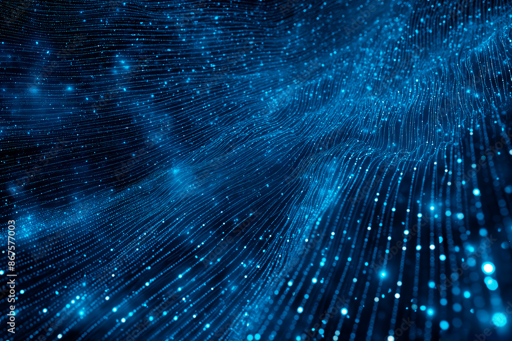 Poster A digital abstract blue background with sparkling dots and flowing lines, representing a concept of connectivity. Generative AI