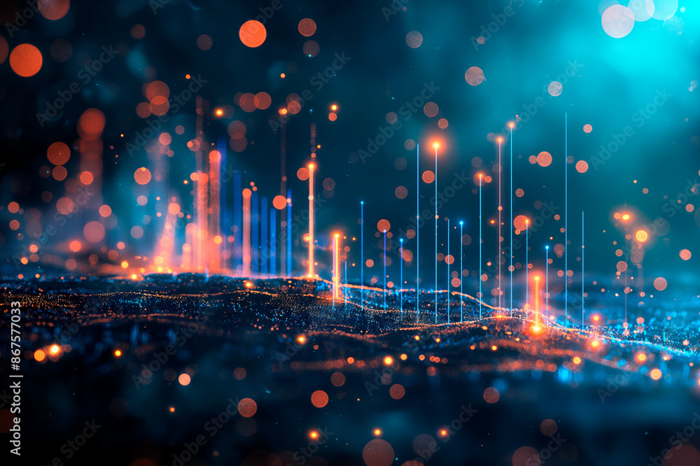 Poster Abstract glowing particle lines and bokeh on a dark backdrop, conveying a futuristic technology concept. Generative AI