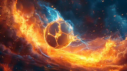 Soccer Ball on Fire with Sparks and Lightning.