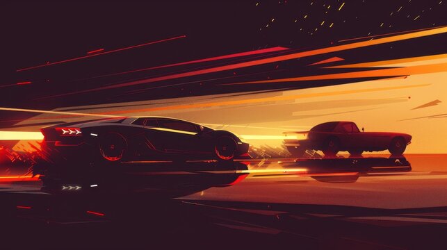 Silhouette of an EV car triumphantly reaching the finish line while an old car trails behind, cubist design with fragmented, vibrant colors and geometric shapes