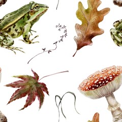 Frog, mushroom fly agaric, oak leaves, autumn seamless pattern watercolor illustration. For decoration children’s parties, wallpaper, textile, fabric, packaging