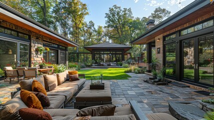 Fototapeta premium Tranquil Patio Retreat Surrounded by Lush Greenery in a Private Backyard. Generative AI