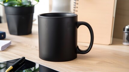 Oversized matte black mug on a clean light oak desk, stylishly paired with a notepad and Ficus plant, ideal for branding.