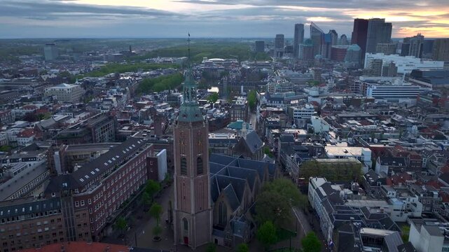 The Iconic Grote Kerk at sunrise time, also known as The Great Church, in The Hague, Netherlands, Aerial Drone View