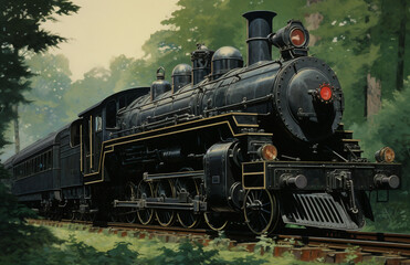 Fototapeta premium a painting of a train on a train track in the woods with trees in the background and a yellow light on the front of the train