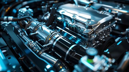 Fototapeta premium Futuristic Hydrogen Fuel Cell Engine in Sleek Modern Car Showcasing Intricate Technology and