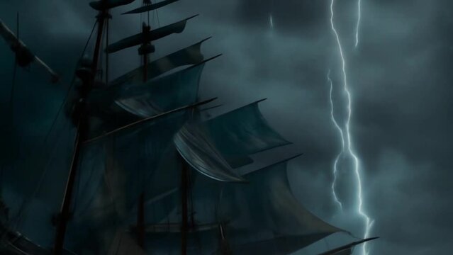 the pirate ship was caught in a storm, rain, lightning, waves