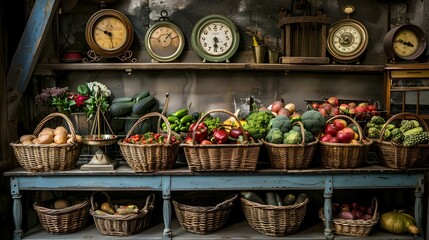 Old Fashioned Market Stall with Fresh Produce and Vintage Scales
