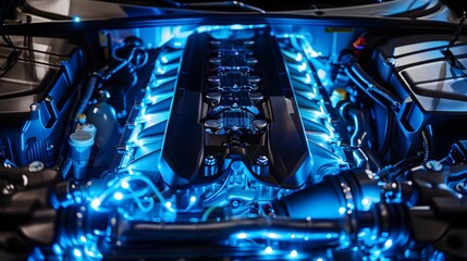 Futuristic Hydrogen-Powered Car Engine Bay with Glowing LED Lights